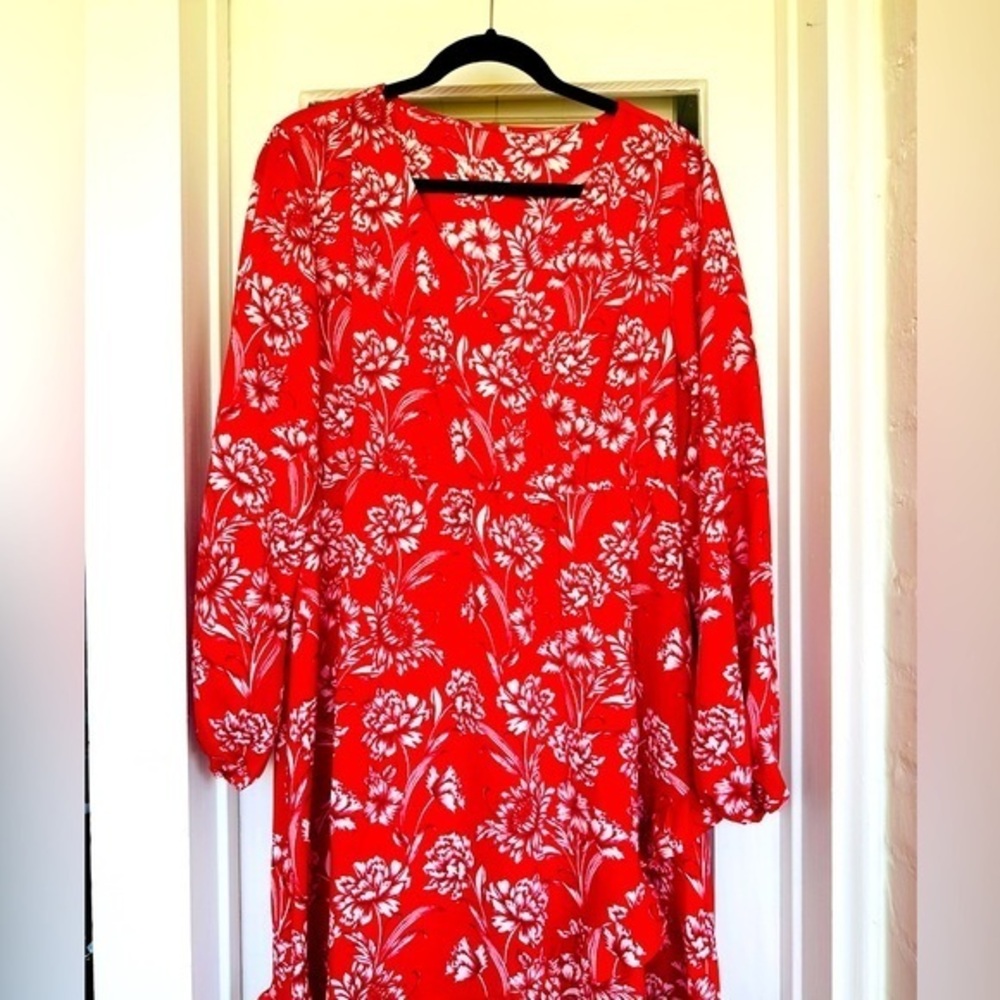INC Womens Red White Floral Printed High-Low Boho Style Dress‎ XL